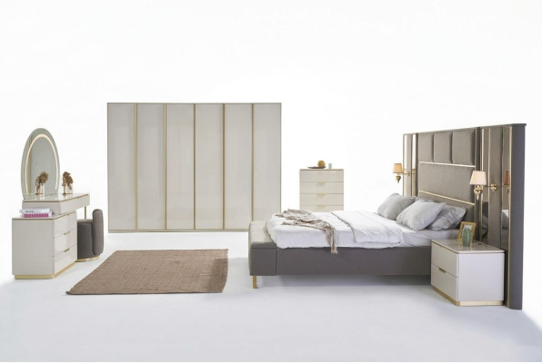 Luxury Complete Bedroom Set Beige Gold Dresser Bed Nightstand 7pcs. Glossy