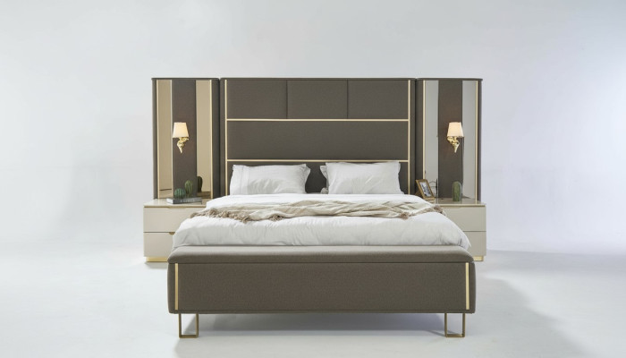 Bed Double Bed 2x Bedside Tables Wood Design Beds Bedroom Upholstery 3 Piece Set