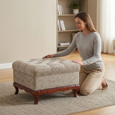 Chesterfield Designer Ottoman Footstool Textile Beige Upholstered Bench Fabric