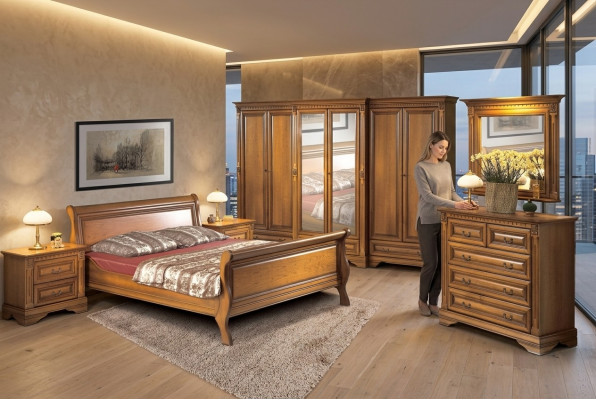 Country-style bed 3-piece set with 2 bedside tables wooden furniture bed set brown