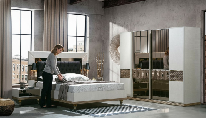 Bedroom set bed 2x bedside tables textile wardrobe modern 4 pieces.