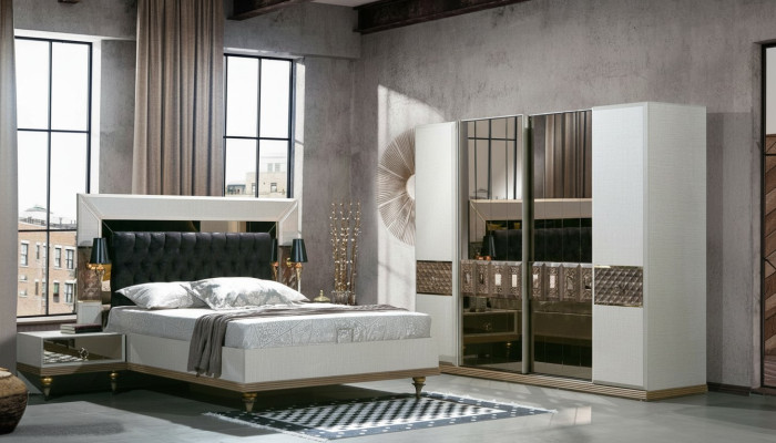 Bedroom set bed 2x bedside tables textile wardrobe modern 4 pieces.