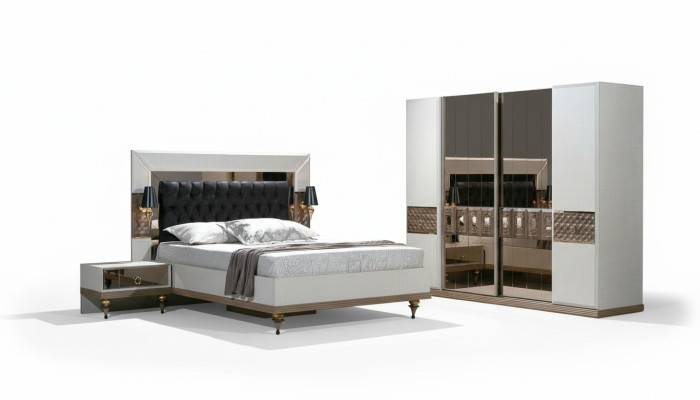 Bedroom set bed 2x bedside tables textile wardrobe modern 4 pieces.