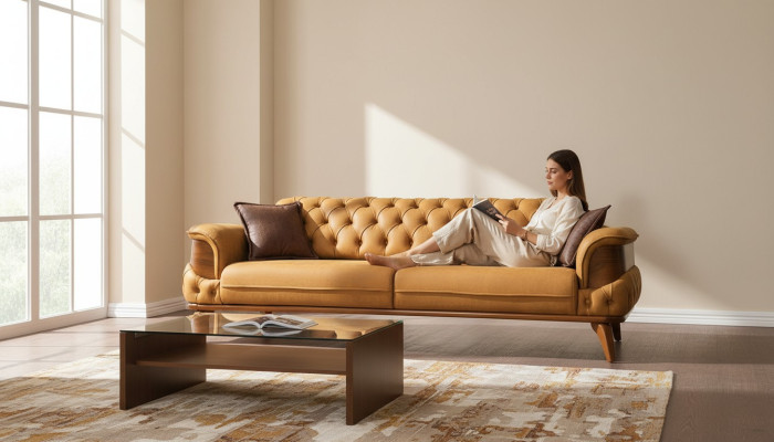 Three-seater sofa leather couches sofas luxury couch Chesterfield Western USA yellow