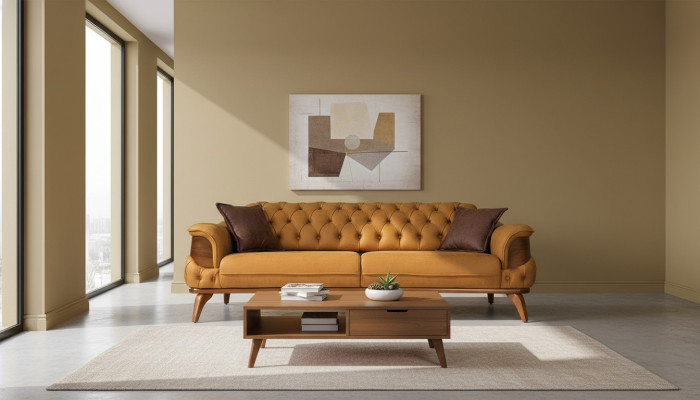 Three-seater sofa leather couches sofas luxury couch Chesterfield Western USA yellow
