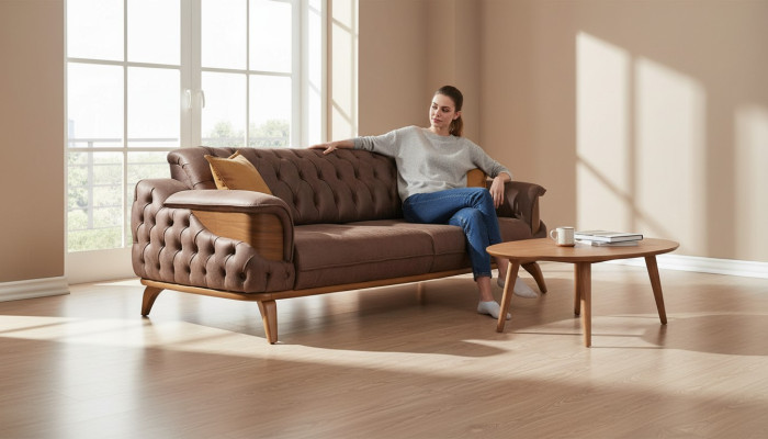 Luxury Three-Seater Chesterfield Couch Furniture Sofas Brown Leather Upholstery New