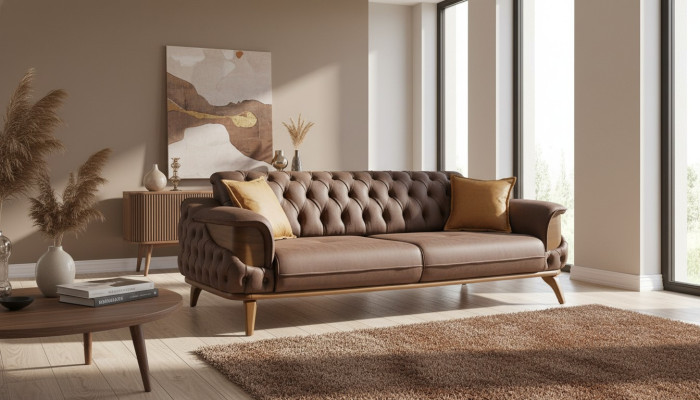 Luxury Three-Seater Chesterfield Couch Furniture Sofas Brown Leather Upholstery New