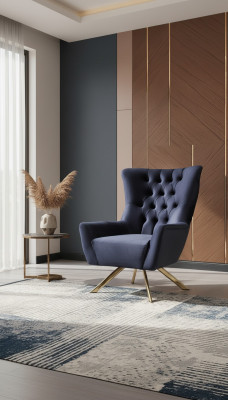 Luxurious blue Chesterfield armchair with velvet upholstery for the living room