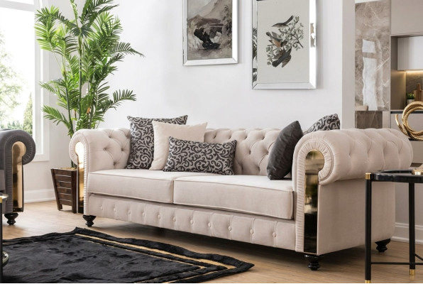 Chesterfield Sofa 3-Seater Design Living Room Upholstery Wood Leather Modern Luxury