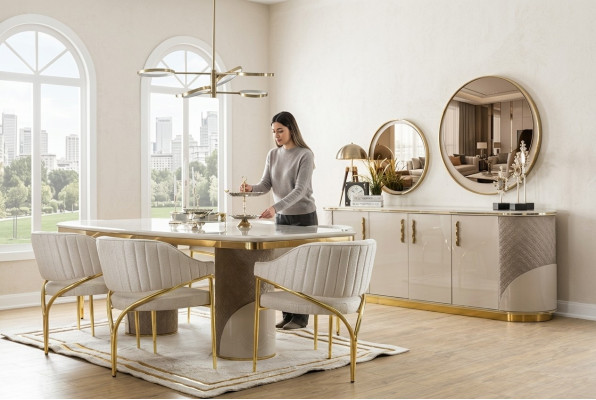 Dining room set 10-piece. Luxury set table 6x chair sideboard mirror furniture wood