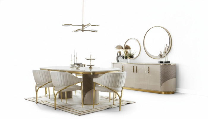 Dining room set 10-piece. Luxury set table 6x chair sideboard mirror furniture wood