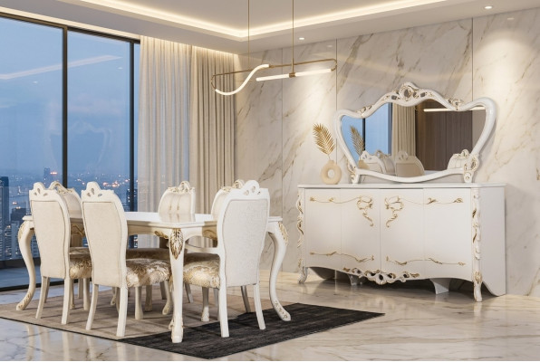 Dining Room Set 9-piece Luxury Suite Table 6x Chairs Sideboard Mirror New Furniture