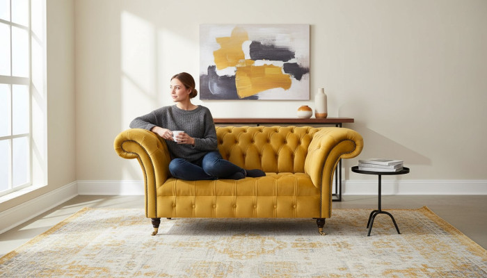 Chesterfield Armchair Furniture Set 2x Single Seater Set Couch Sofa Yellow Textile