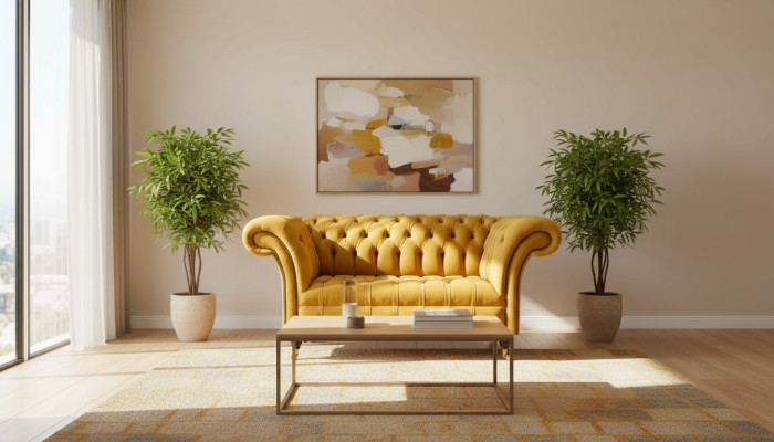 Chesterfield Armchair Furniture Set 2x Single Seater Set Couch Sofa Yellow Textile