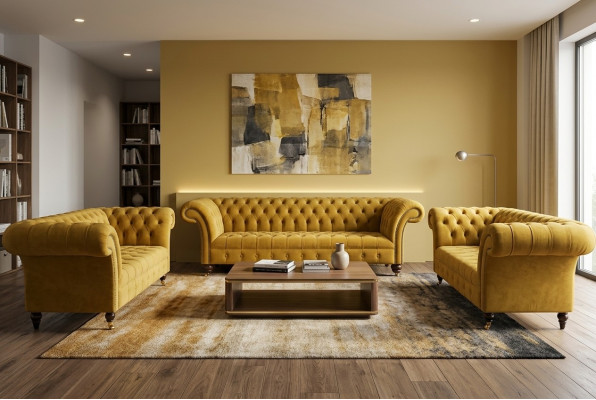 Yellow Chesterfield Sofa Set Couch Upholstery Set Complete Seating Suite