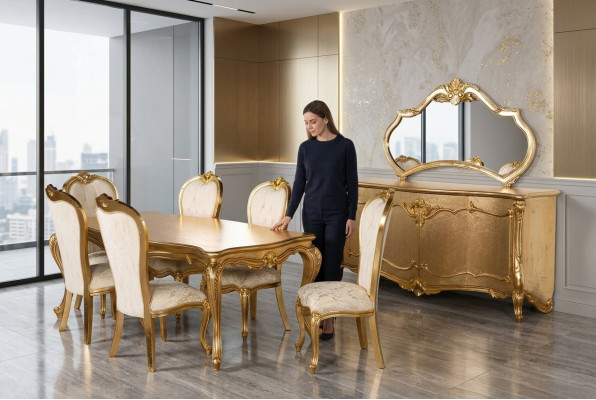 Dining Room Set 9 Piece: Table, 6x Chairs, Sideboard, Mirror Dining Set