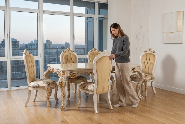 Beige classic dining room furniture designer dining table with Chesterfield upholstered chairs