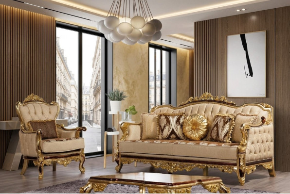 Sofa set Couch Baroque Rococo couches Textile Chesterfield sofa table 3-piece set.