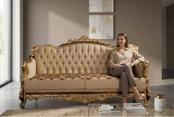 Chesterfield Couch Baroque Three-seater Furniture Sofa Couches Fabric Gold