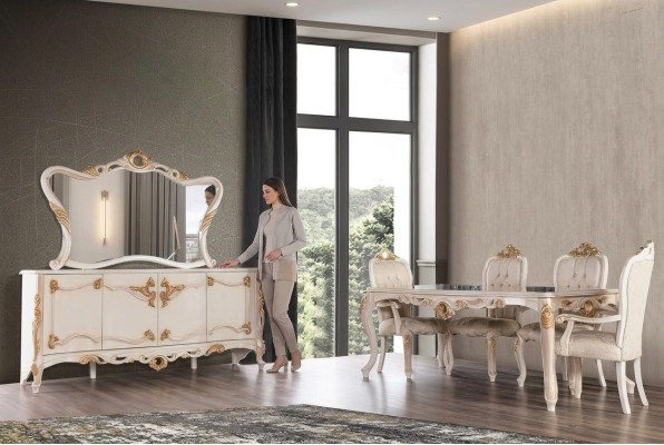 Dining table set group dining room table chair set sideboard mirror 6-piece