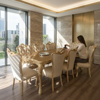 Dining room set with table and 8 upholstered backrest chairs, seating suite, cushion couches set