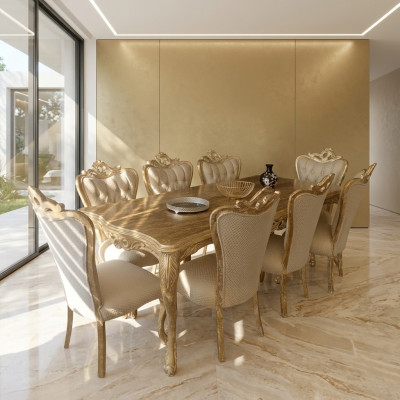 Dining room set with table and 8 upholstered backrest chairs, seating suite, cushion couches set