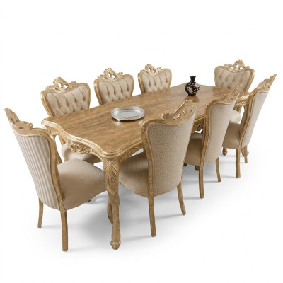 Dining room set with table and 8 upholstered backrest chairs, seating suite, cushion couches set