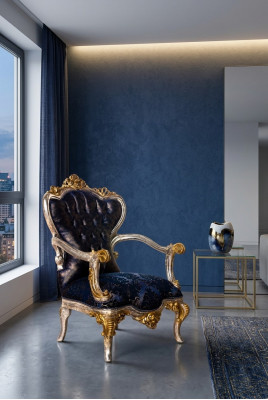 Luxury Armchair Classic Throne Chair Lounge Chair Baroque Velvet Blue Gold