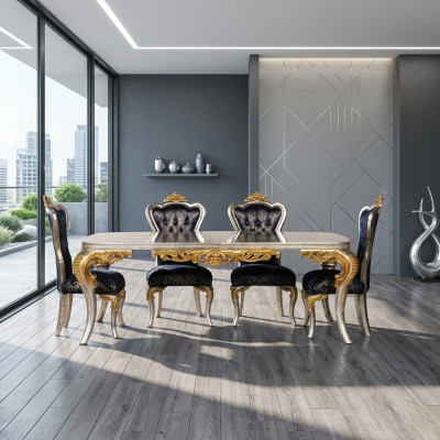 Exquisite golden dining room set with a dining table and x4 Chesterfield chairs luxury furniture
