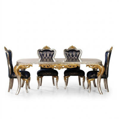 Exquisite golden dining room set with a dining table and x4 Chesterfield chairs luxury furniture