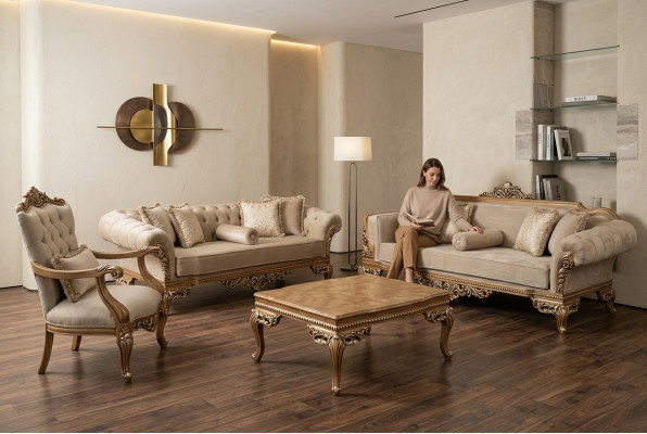 Designer sofa in light fabric cover, 3-seater + coffee table, new model for living room