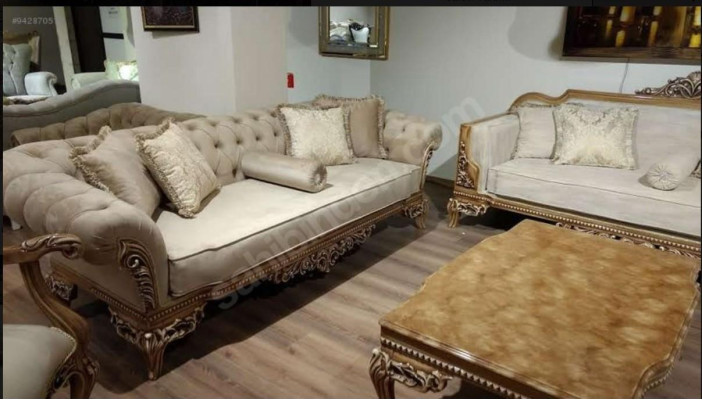 Designer sofa in light fabric cover, 3-seater + coffee table, new model for living room