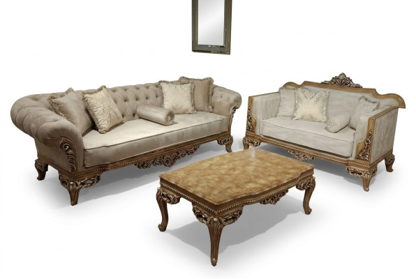 Designer sofa in light fabric cover, 3-seater + coffee table, new model for living room