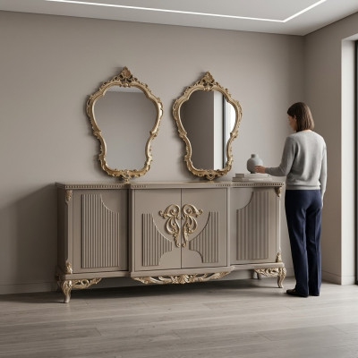 Sideboard with Mirror Taupe Brown Wood Cabinet Sideboard 2-piece