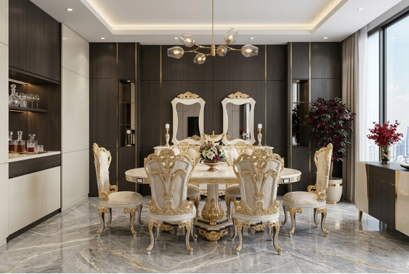 Luxury Couch Furniture Dining Table Baroque Dining Set Group Table + 6x Chair