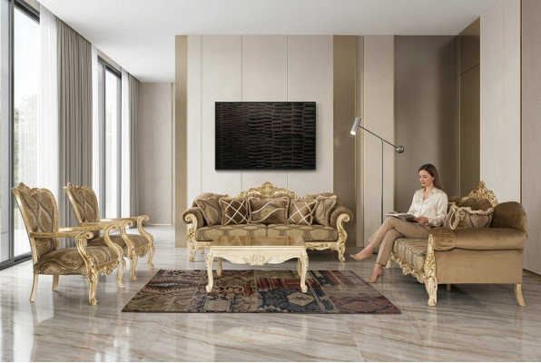 Exclusive sofa set in beige color in Baroque-Rococo style 3 + 3 + 1 + 1 + coffee table