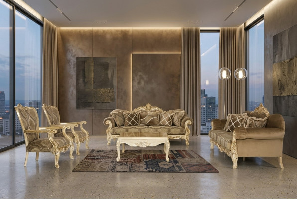 Exclusive sofa set in beige color in Baroque-Rococo style 3 + 3 + 1 + 1 + coffee table