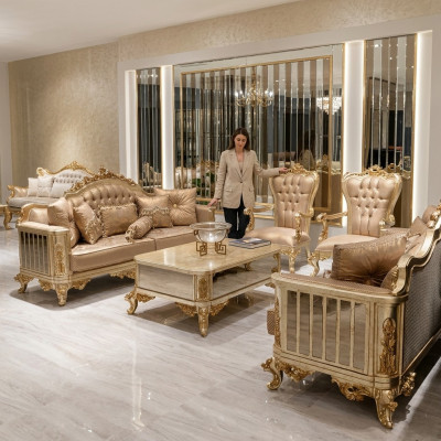 Classic Baroque Rococo Chesterfield 5-piece Coffee Table Beige Sofa Furniture