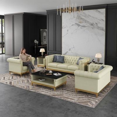 Chesterfield Sofa Set Couch Upholstery Furniture Set 3+2+1 Leather Sofa 3-piece