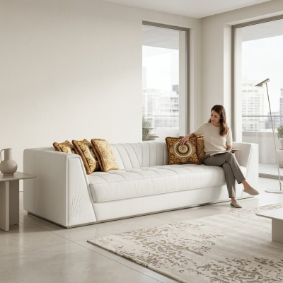 White luxury couch Medusa with golden heads sofa three-seater couches leather