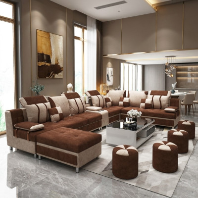 Brown U-shaped sofa upholstery for relaxing in the living room, soft cushions