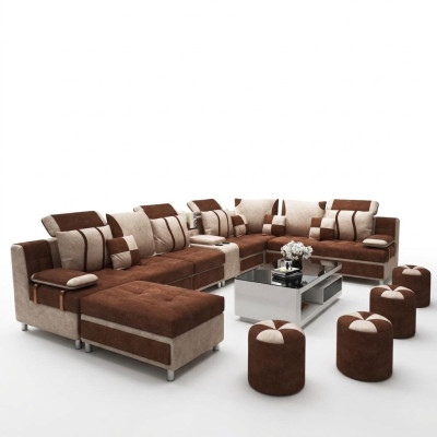 Brown U-shaped sofa upholstery for relaxing in the living room, soft cushions