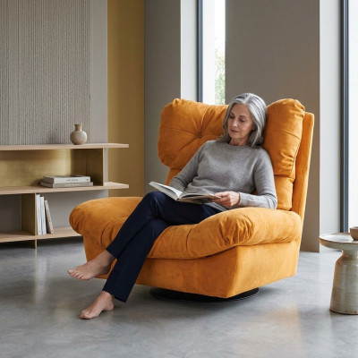 Designer Armchair Rotatable 1-Seater Yellow Upholstered with Ear Padding
