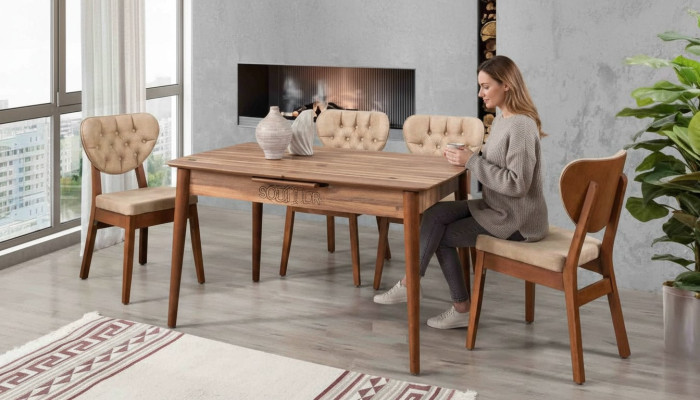 Beige Dining Room Set Luxury Set 4x Chairs Chesterfield New