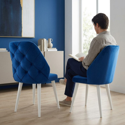 Wooden upholstered chair blue back Chesterfield on white legs dining room