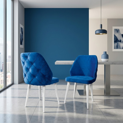Wooden upholstered chair blue back Chesterfield on white legs dining room