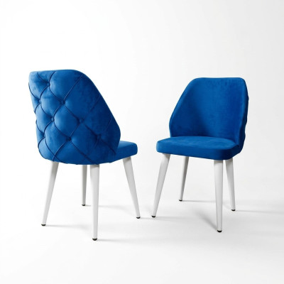 Wooden upholstered chair blue back Chesterfield on white legs dining room