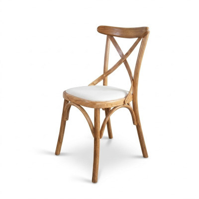 A wooden chair with a soft seat and a round back for your dining room.