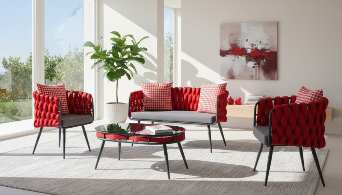 Red garden set luxury seating furniture table sofa patio couch 4-piece set.
