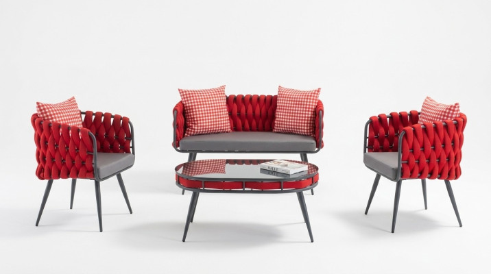 Red garden set luxury seating furniture table sofa patio couch 4-piece set.